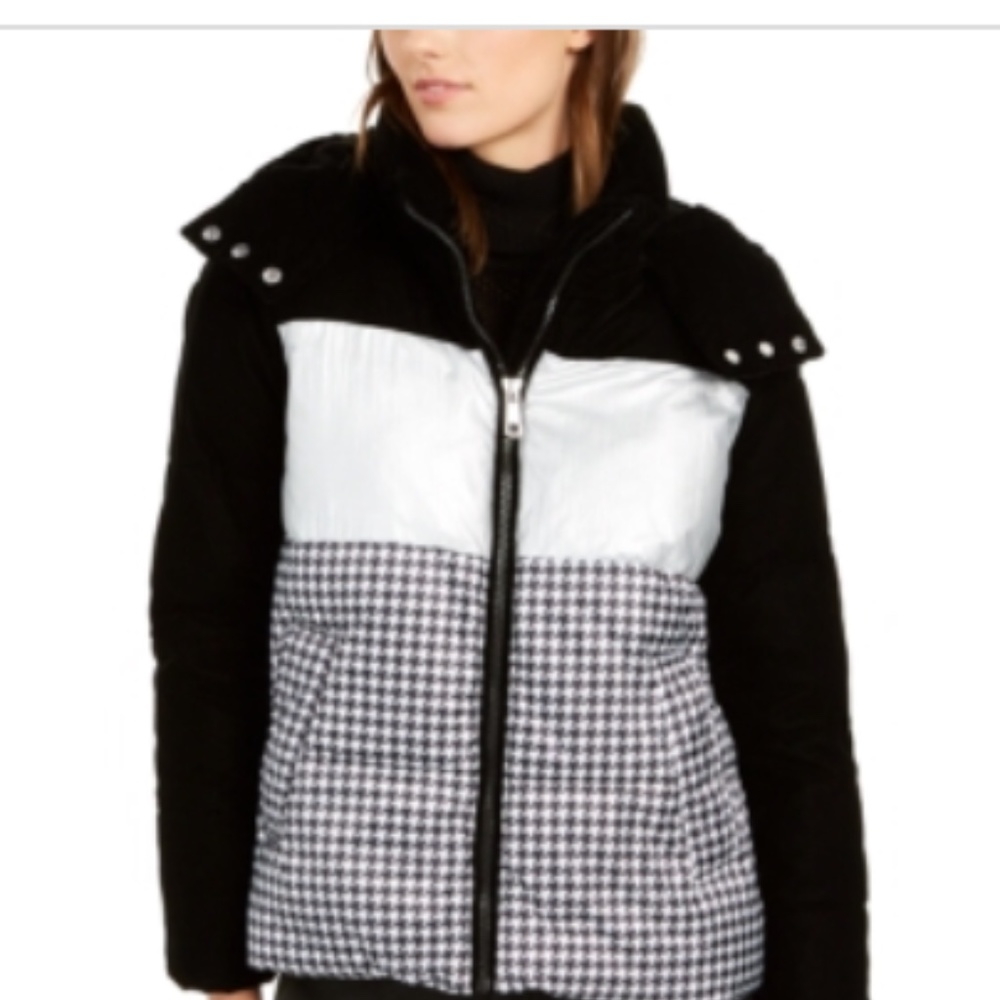 Calvin Klein Mixed-Print Hooded Puffer Coat - Foil/houndstooth